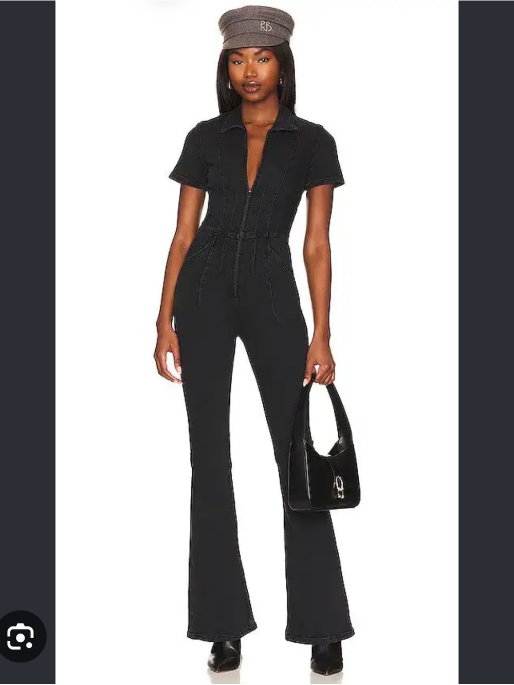 Free People Black Short-Sleeve Zip-Front Flared Jumpsuit
